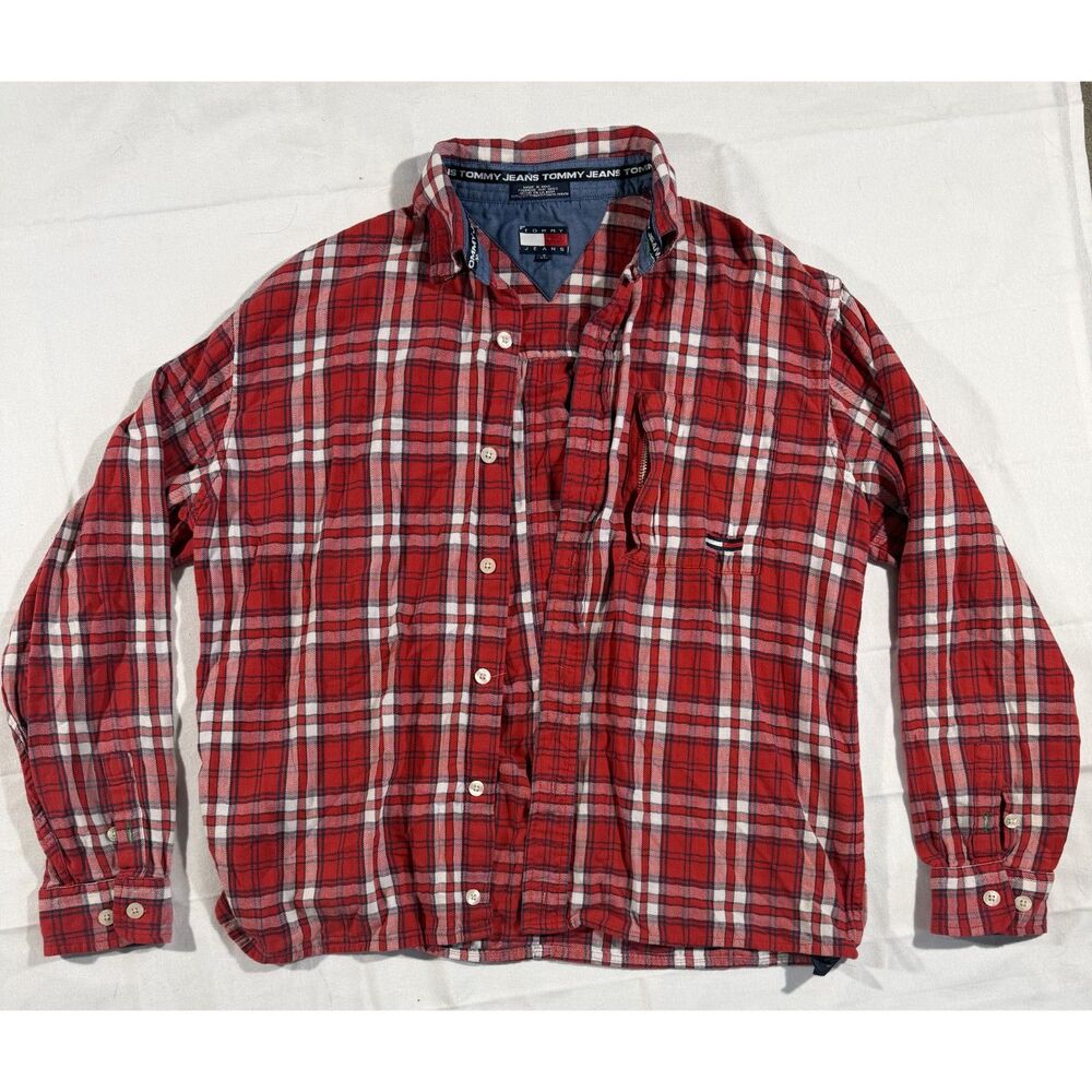 Vintage Y2K Tommy Jeans Men's S Red Plaid Flannel Shirt Zip Pocket Flag Logo